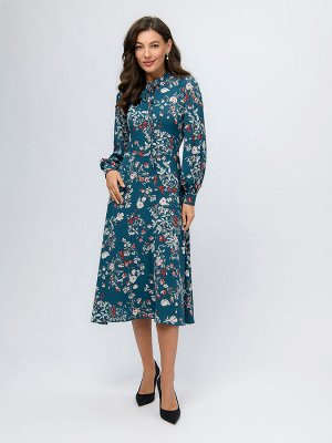 Платье бирюзового цвета длины миди с принтом и завязкой на воротнике