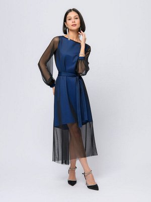Платье синее длины макси с объемными рукавами и вырезом на спинке