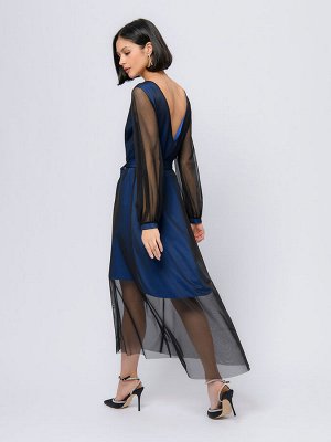 Платье синее длины макси с объемными рукавами и вырезом на спинке