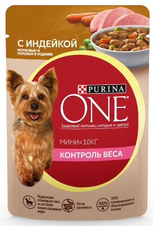 Purina ONE MINI влажный корм для собак мелких пород Индейка+Морковь контроль веса 85гр пауч