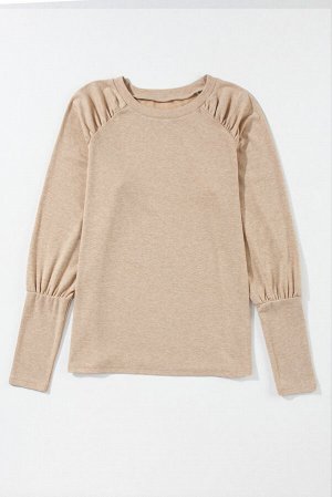 Pale Khaki Solid Ruched Raglan Sleeve Knit Top