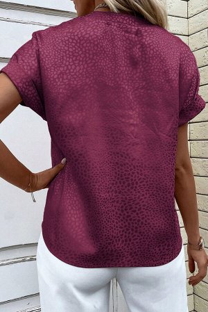 Red Leopard Print Rolled Sleeve V Neck Blouse