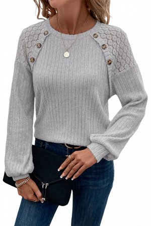 Gray Contrast Lace Raglan Sleeve Buttoned Ribbed Top