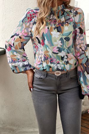 Green Printed Floral Bubble Sleeve Frill Mock Neck Blouse