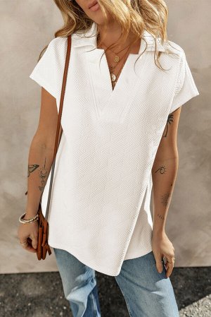 White Textured V Neck Collared Short Sleeve Top