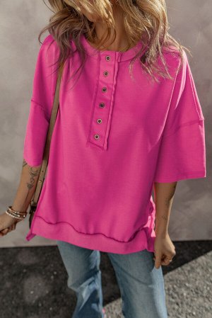 Rose Red Exposed Seam Button Neck Wide Sleeve Tunic Top