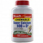 Mason Natural, Супер кальций 600 + D3, жевательные таблетки, со вкусом кофе мокко, 100 жевательных таблеток