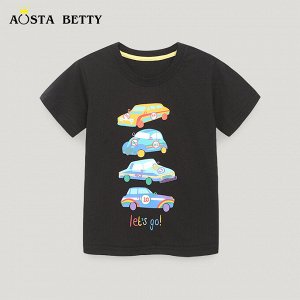 Детская черная футболка с принтом Автомобили