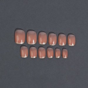 Накладные ногти «Nude», 12 шт, с клеевыми пластинами, c блёстками, форма мягкий квадрат, цвет светло - бежевый