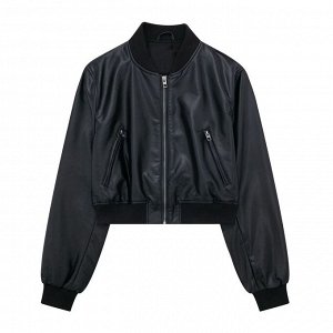 Женская куртка- бомбер из искусственной кожи, цвет черный