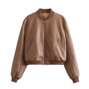 Женская куртка из эко кожи, на молнии, цвет коричневый