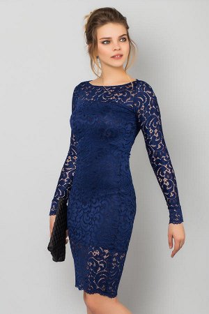 Темно-синее гипюровое платье с длинным рукавом      Платья
