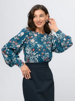 Блуза бирюзового цвета с принтом и длинными рукавами