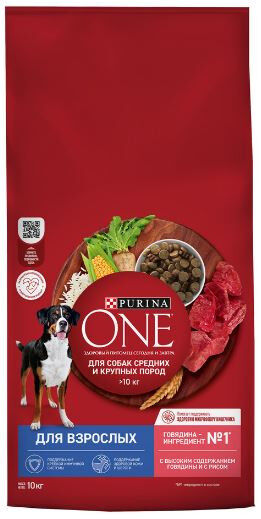 Purina ONE сухой корм для собак средних и крупных пород Говядина/рис 10кг
