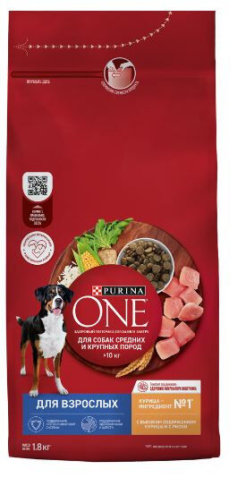 Purina ONE сухой корм для собак средних и крупных пород Курица/рис 1,8кг