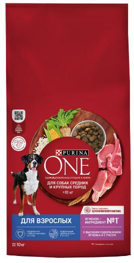 Purina ONE сухой корм для собак средних и крупных пород Ягненок/рис 10кг