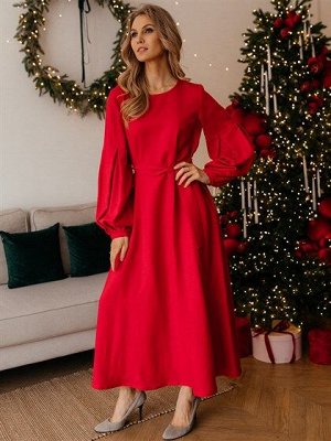 Платье Это ярко-красное платье с длинными пышными рукавами - идеальный выбор для тех, кто хочет выглядеть стильно и эффектно. Выполненное из качественного материала (лен, вискоза), оно обеспечивает ко