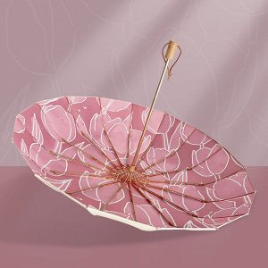 Механический зонт с 16-ю спицами, цвет розовый, принт "Тюльпаны"