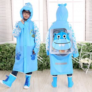 Детский плащ-дождевик с козырьком и отсеком для рюкзака, цвет синий, принт "Бегемотик"