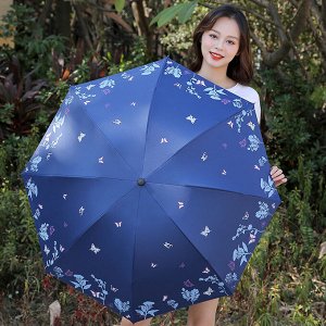 Механический зонт с 8-ю спицами, цвет синий, принт "Цветочки"