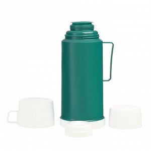 Термос со стеклянной колбой "Классик" с 1 кружкой и 1 чашкой,  1 л, 13 х 29 см, зелёный