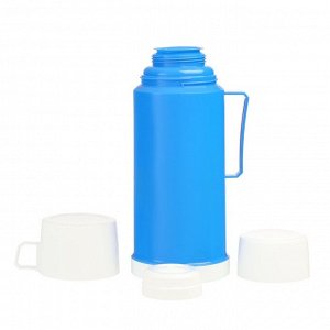 Термос со стеклянной колбой "Классик" с 1 кружкой и 1 чашкой,  1 л, 13 х 29 см, синий