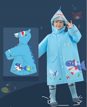 Детский плащ-дождевик с козырьком, цвет синий, принт "Акула"