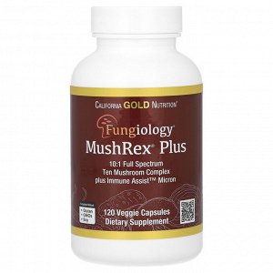 California Gold Nutrition, Fungiology, MushRex Plus, Immune Assist™ Micron, комплекс грибов полного спектра, сертифицированный органический продукт, 120 растительных капсул