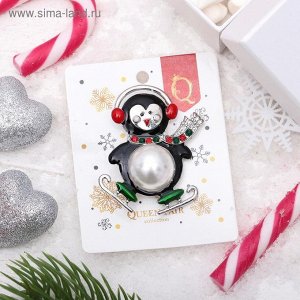 Брошь "Новогодняя сказка" пингвин танцующий, цветная в серебре