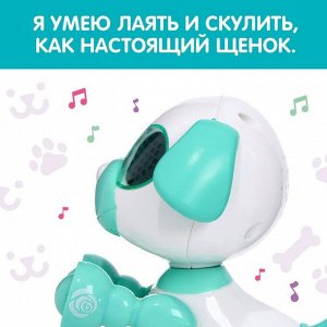 Робот собака «Умный дружок», интерактивный: с записью звуков, свет, звук, сенсорный, музыкальный, на батарейках, бирюзовый
