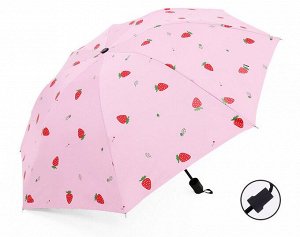 Механический зонт с 8-ю спицами, цвет розовый, принт "Клубника"