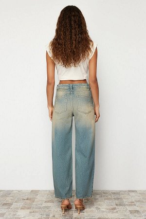 Trendyomilla Винтажные джинсы с широкими штанинами и высокой талией с голубым эффектом выцветания