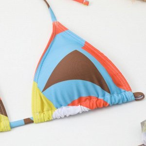 Женский пляжный комплект: раздельный купальник (лиф на завязках и со съемными чашками + трусики-бикини) + сетчатая юбка-накидка, с принтом, фиолетовый/желтый