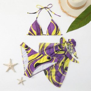 Женский пляжный комплект: раздельный купальник (лиф на завязках и со съемными чашками + трусики-бикини) + сетчатая юбка-накидка, с принтом, фиолетовый/желтый