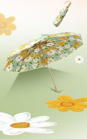 Механический зонт с 8-ю спицами, цвет желтый/зеленый, принт "Цветочки"
