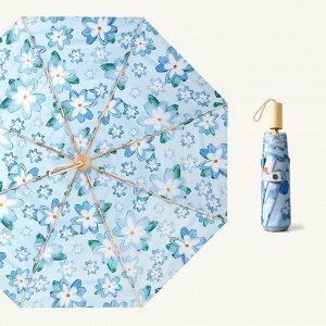 Механический зонт с 8-ю спицами, цвет синий, принт "Цветочки"
