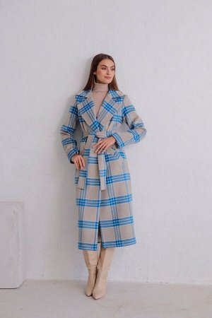 8395 Удлинённое пальто Hilton серо-голубое в клетку (остаток: 46, 48)