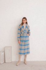 Удлинённое пальто Дива серо-голубое в клетку