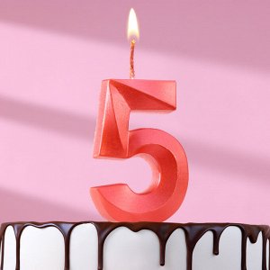 Свеча в торт "Грань", цифра "5", красный металлик, 6,5 см