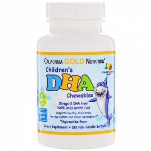 California Gold Nutrition, Детские жевательные конфеты с ДГА, 100% дикий арктическая треска, со вкусом клубники и лимона, 180 мя