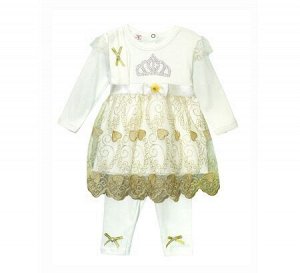 Комплект, костюм, платье для девочек, кремовый с золотистой вышивкой, (FINDIK Турция)