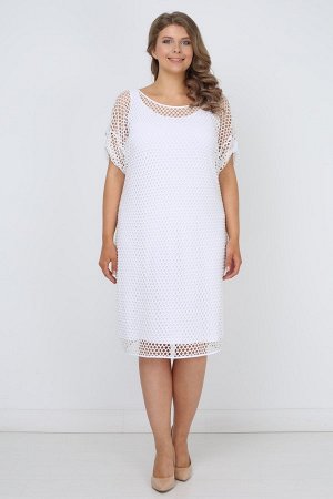 Белый Оригинальное платье-комплект, состоящее из двух частей. Нижняя часть выполнена из однотонного трикотажа, а верхняя - из ткани с крупной сеткой. Фасон накидки из сетки - с короткими рукавами, при