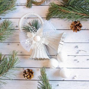 Украшение новогоднее "Белый перелив" колокольчики с шарами и цветком 15*25 см