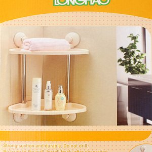 Полка для ванной угловая пластмассовая "Пудра" 27х27х50см, 2-х ярусная, настенная, на присосках кремовый, цветная упаковка (Китай)
