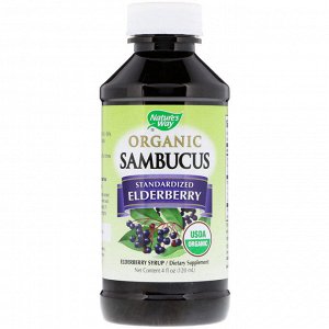 Natures Way, Organic Sambucus, Elderberry Syrup, Standardized, 4 fl oz (120 ml)