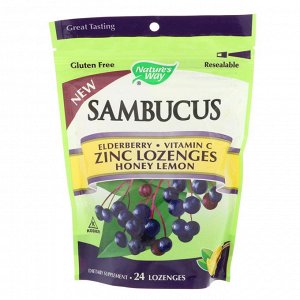 Natures Way, Sambucus, Пастилки для рассасывания с цинком, Мед и лимон, 24 пастилок