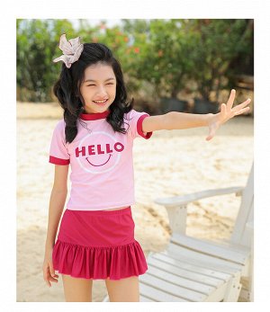 Купальный костюм для девочки, юбка с трусиками и футболка с коротким рукавом, розовый