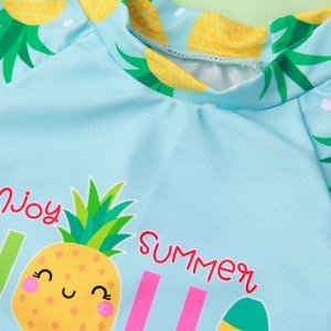 Купальный костюм для девочки, шорты и футболка с коротким рукавом, голубой с ананасами