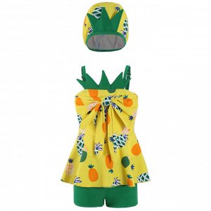 Купальный костюм для девочки, трусики-шортики, удлиненный топ в виде сарафана и шапочка, желтый с зеленым в виде ананаса