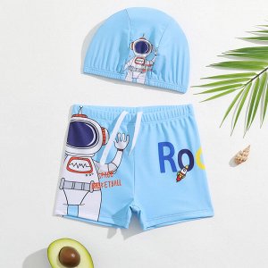 Плавки для мальчика пляжные, удобные и эластичные, с шапочкой для купания, голубые с космонавтом